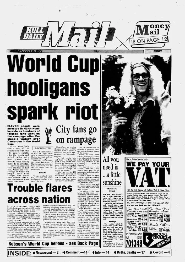 Front page of the Hull Daily Mail from 2 July 1990